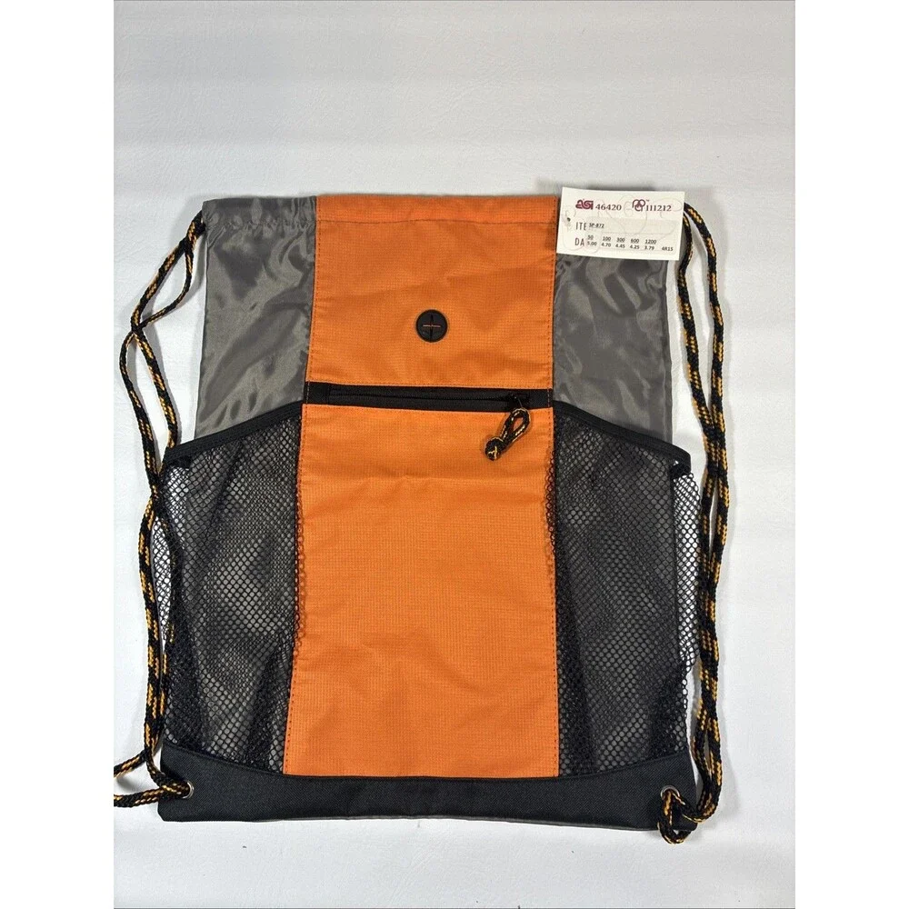 CMBags Orange Gray Drawstring Backpack Cinch Sack Mesh Pockets Front Zip Pockets